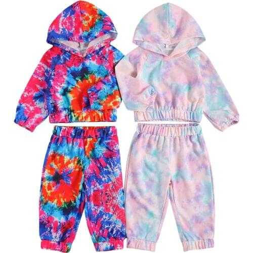 Citgeett Spring 1-5Y Autumn Infant Kids Girls Tie Dye Clothes Sets Long Sleeve Pullover Hooded Tops Pants 2pcs Autumn Set