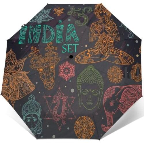 Wind Resistant Fully-Automatic Umbrella Colorful Indian Culture Element Rain 3 Folding Parasol Travel Car Umbrella
