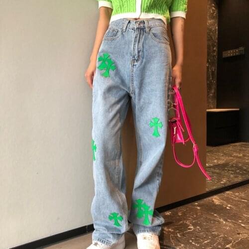 Green Color Cross Lagging High Waist Straight Denim Wide Leg Pants Womens Pants Jeans Woman