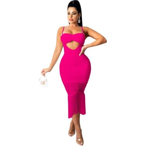 2021 Women Midi Dress Cut Out Tassel Stretchy Solid Sleeveless Strap Slash Neck Dresses Sexy Fashion Outfits Summer