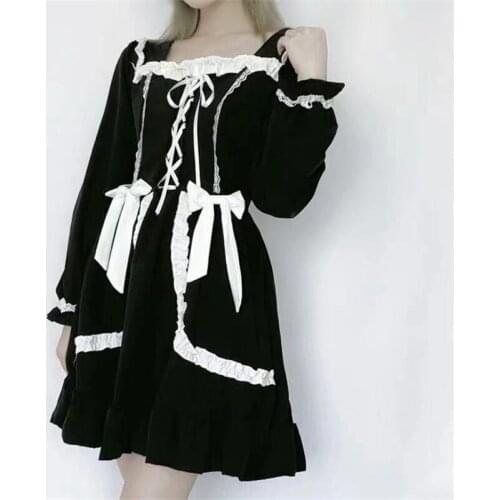 Princess style Sweet Women dress Ruffles Patchwork Square collar Japan style Bow Cute Lace up female bing 2020 HOT