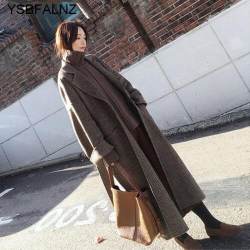 Long Plaid Belt Winter Faux Wool Blend 2021 Fashion Autumn Coats Womens Jackets Manteau Femme Female Overcoat Cape Cloak Clothes