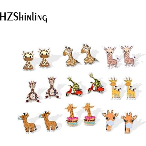 2021 New Cute Giraffe Stud Earring Animal Art Acrylic Resin Earrings Epoxy Handmade Jewelry Gifts Girl