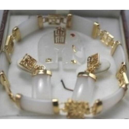 Free Shipping 7.5" white jade Elephant pendant bracelet earring set AAA