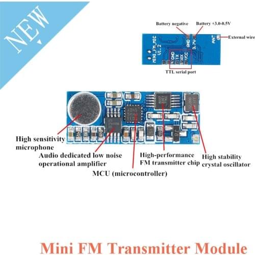 Mini FM Wireless Microphone Transmitter Module Single Channel Board 3-5V 100mW Adjustable Sensitivity USB to TTL 80KΩ 76-108MHz