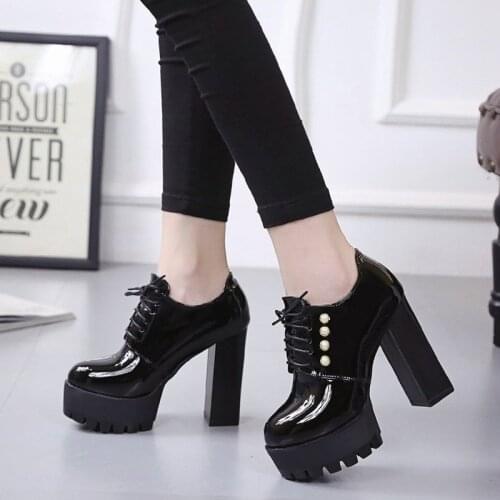 Super High Heels Patent Leather Ankle Boots For Women Bead Platform Boots Solid Round Toe Black Shoes Woman Botines Mujer