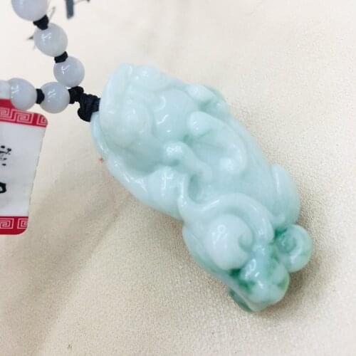 Pure natural Emerald jade carving light green two-color large unicorn pendant three-color jade jade necklace sweater chain