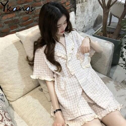 Korean Pajamas For Girls Plaid Ruffles Summer 2021 Pyjamas Set Woman 2 Pieces Kawaii Pijamas Lace Sleepwear Bow Loungewear Pj