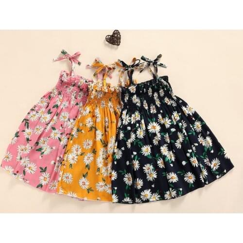 Summer Stylish Sweet Cute Children Daisy Print Sling Dress with Ruffles Girls Large Hem Sleeveless Lace-up Dress