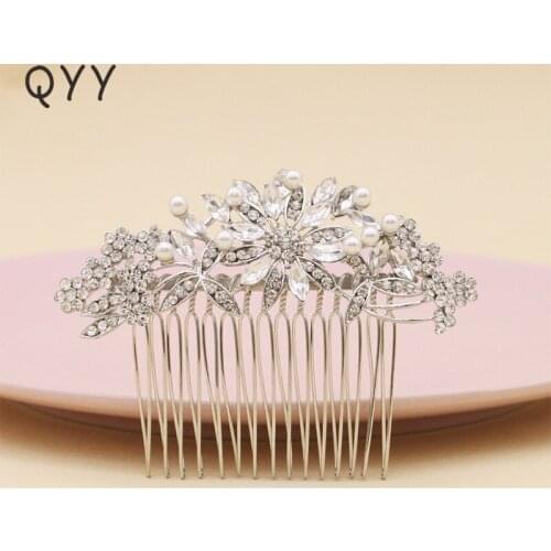 QYY Fashion Crystal Bridal Wedding Hair Accessories Silver Color Rhinestone Hair Jewelry Ornament Hair Combs Women Hairpieces