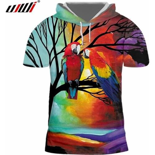 UJWI Man T Shirts New 3D Printed Lovely Red Parrot Summer Plus Size 5XL 6XL Habiliment Mens Summer Hooded Tshirts