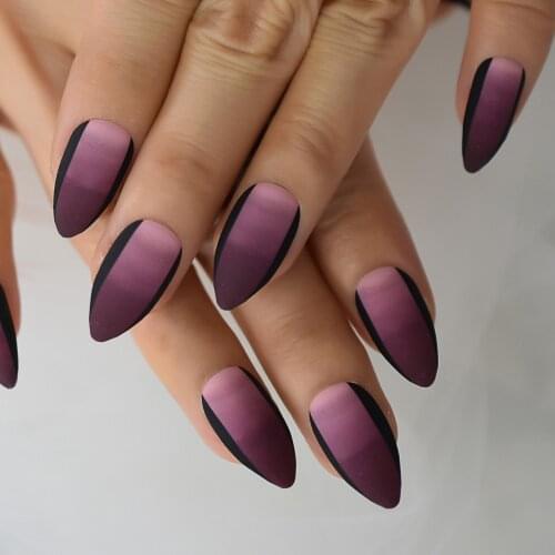 Matte Fake Nails Set Medium Short Almond Shape False Nails Ombre Shading Dyeing Edge Designed Manicure Nail Art