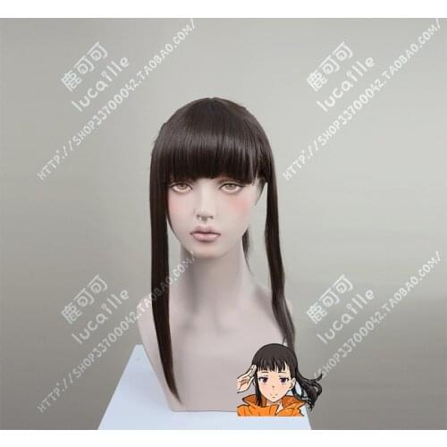 Anime Fire Force Maki Oze Cosplay Wigs Long Black Brown Heat Resistant Synthetic Hair Wig + Wig Cap