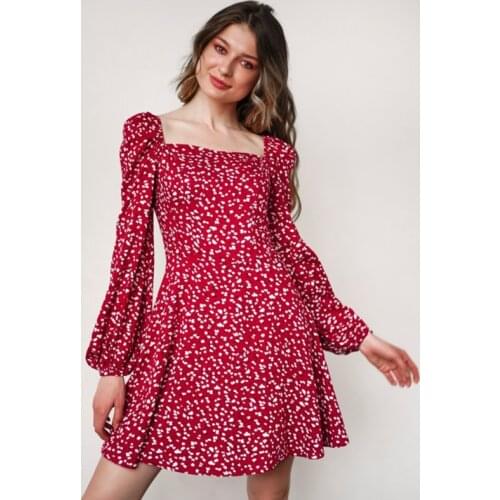 MUICHES Square Collar Lantern Sleeve Floral Dress Woman High Waist Mini A-Line Dress 2021 New Summer French Elegance