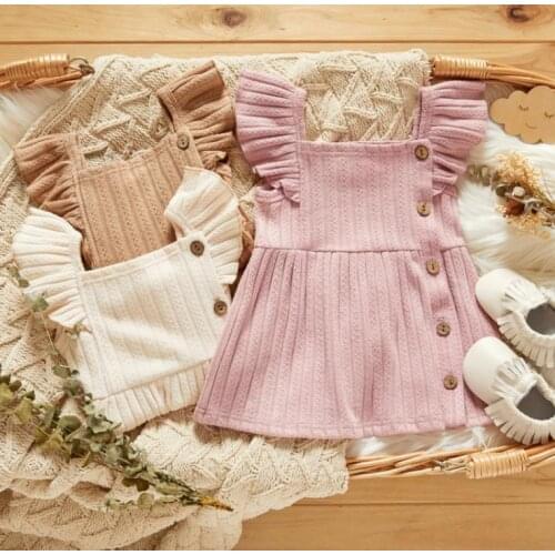 Winter Autumn Baby Girls Casual Warm Princess Dress Solid Color Square Collar Fly Sleeve Button Knitted A-Line Cotton Dresses