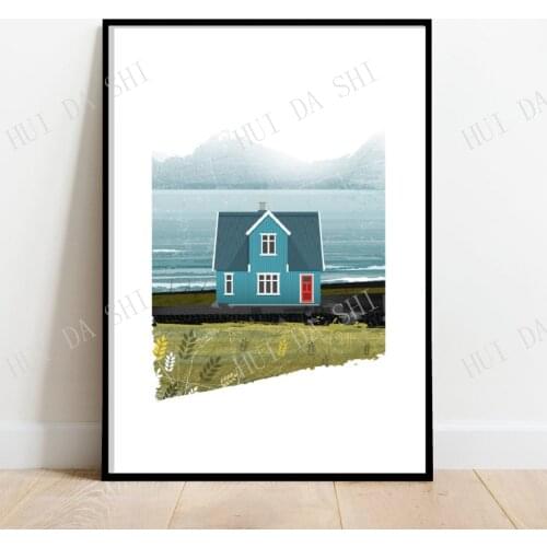 Blue Scandinavian cabin by the sea, retro midcentury 1960s scandi Illustration print/poster - Architecture print