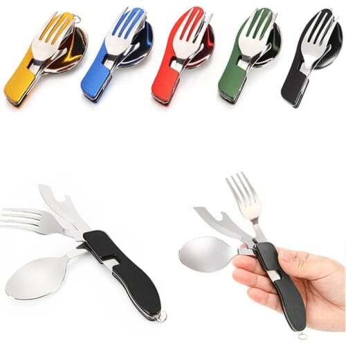4-In-1 Camping Utensil Stainless Steel Fork Knife Spoon Bottle Opener Set Outdoor Multitool for Hiking Backpacking Picnic BBQ