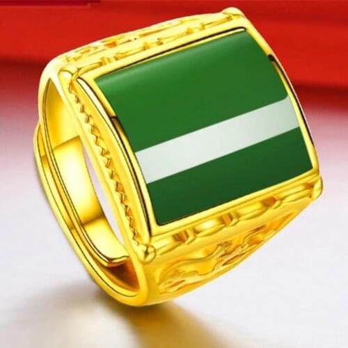 Vintage Domineering Men Boy Inlay Green Stones Ring 18K Gold Square Cuff Finger Rings Jewelry Accessories