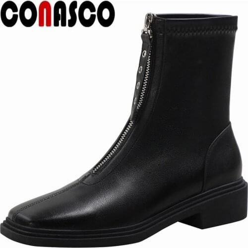 CONASCO Punk Women Ankle Boots Autumn Winter Warm Cow Leather Causal Prom Concise Shoes High Quality Motorcycle Boots Woman