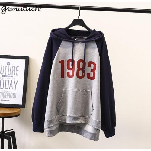 GEMUTLICH Women Big Size Letter Print Hoodies with Hood Collar Casual Pullover Sweatshirt Loose Fashion Autumn Patchwork Top