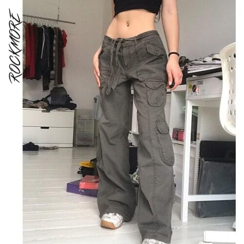 Rockmore Vintage Pockets Cargo Jeans Women Y2K Streetwear Low Waist Wide Leg Pants Casual Baggy Straight Denim Trousers 2021