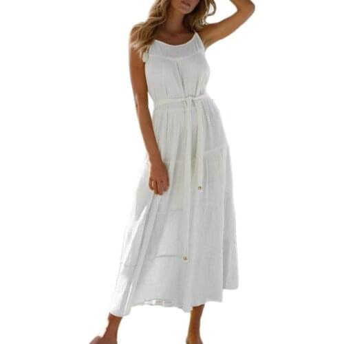 Women Summer Maxi Dress, Adults Sleeveless Belted Solid Color Spaghetti Strap U-shaped Neck