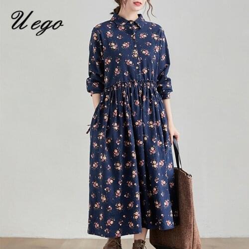 Uego 2021 New Spring Dress Long Sleeve Print Floral Prairie Chic Vintage Dress Linen Cotton Plus Size Women Casual Midi Dress