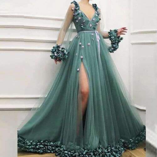 Elegant Green Evening Dress Long Sexy Deep V-Neck Full Sleeves Split Evening Dresses Prom Dress Party Gowns Robe De Soiree