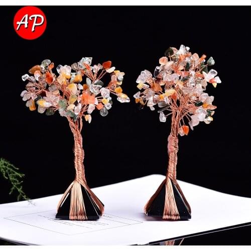 1pc Natural Colorful Crystal macadam Tree Obsidian Pyramid Base Handmade Copper Wire Lucky Tree Feng Shui Ornaments Home Decor