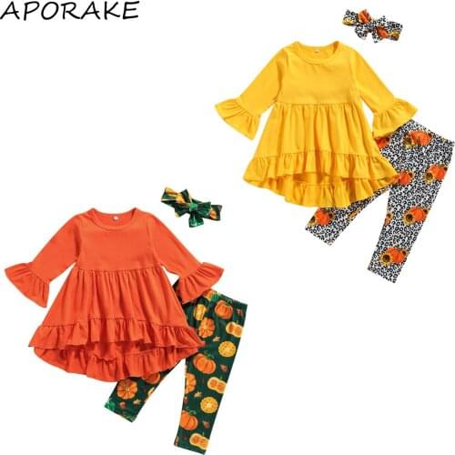 2021 Halloween 2-7Y Kids Baby Girl Clothing Set Solid Color Flare Long Sleeve Dress+Pumpkin Print Long Pants+Headband 3pcs