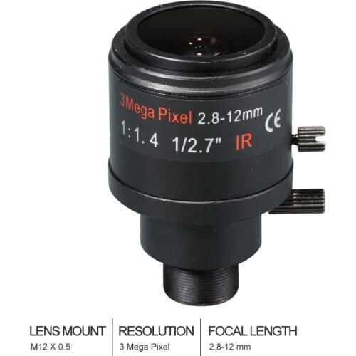 3 Megapixel Fixed Iris M12 HD 2.8-12mm Varifocal cctv IR HD Lens,F1.4,manual focus zoom,view angle 90~28degree