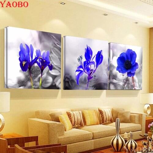 3pcs/set DIY Full Diamond Embroidery Blue flower 3D Diamond Painting Cross Stitch Square Drill Triptych painting Mosaic Decor
