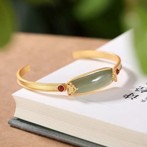 S925 Sterling Silver Jasper Bracelet Hetian Jade Gray Jade Lotus Retro Easy Matching Temperament Open-Ended Bracelet Bracelet Je