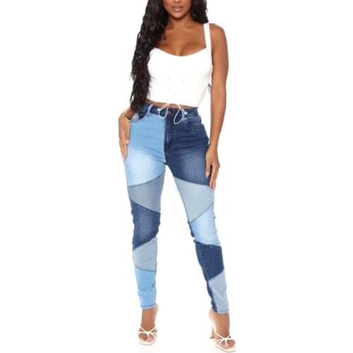 Women Color Block Jeans Adults High Waisted Patchwork Denim Pants with Pockets (Blue, Black)