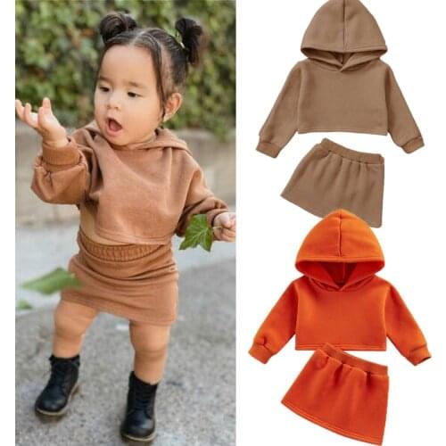 FOCUSNORM 1-5Y Autumn Fashion Kids Girls Clothes Sets 2pcs Solid Hooded Long Sleeve Pullover Tops+A-Line Skirts