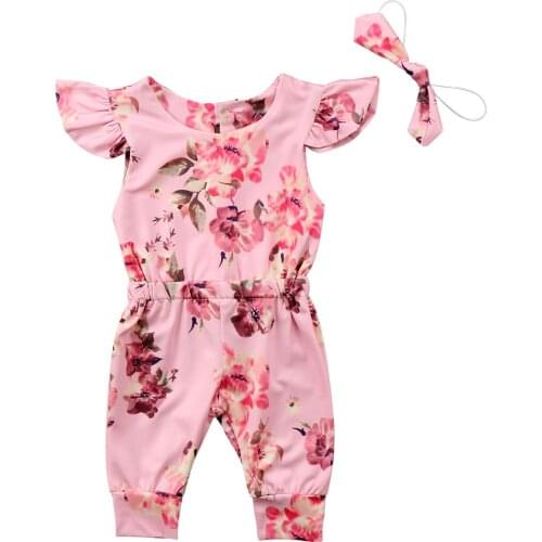 Newborn Toddler Baby Girl Summer Clothes Ruffles Sleeve Romper Sunsuit Outfit Headband Size 0-24M
