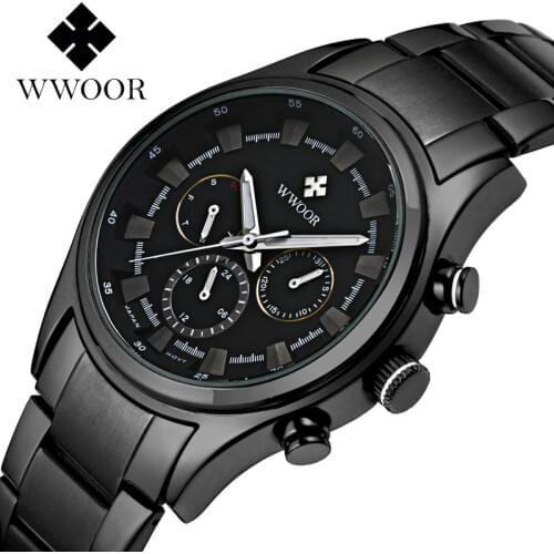 WWOOR Black Watches Men Top Luxury Brand Waterproof Luminous Hands Quartz Watch Military Male Hour WristWatch relogio masculino
