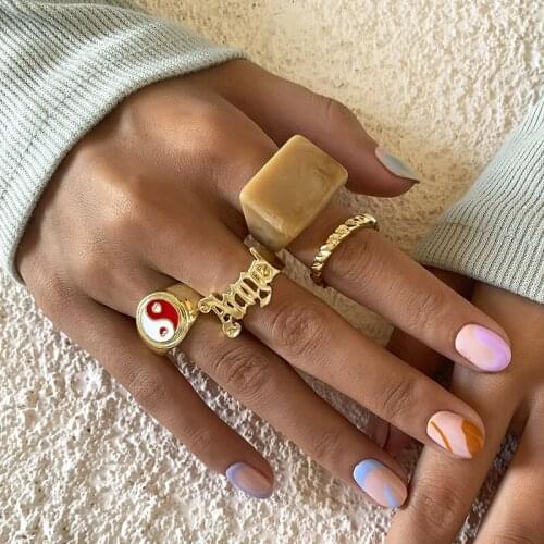 Vintage Creative Acrylic Alloy Letters Open Rings Set for Women Fashion Geometric Square Finger Knuckle Rings Jewelry Gift