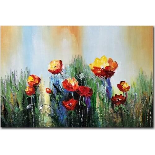 Mintura Wall Picture for Living Room Oil Paintings on Canvas Hand Painted Red Flowers in The Grass Hotel Decor Wall Art No Frame