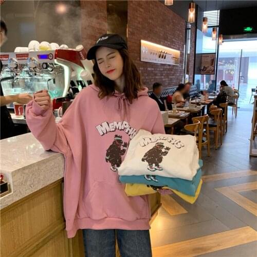 New Winter Printed Pink Bear Hoodies Women Korean Autumn Brown Bear Hooded Sweatshirts Harajuku Loose Kawaii Casual Clothing