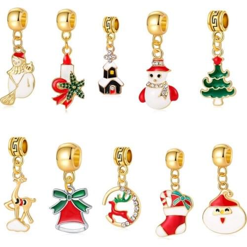 5PCS Wholesale New Alloy Enamel Snowman Elk Christmas Tree Sock Charms Fit Original Bracelet Necklaces Women DIY Jewelry Making
