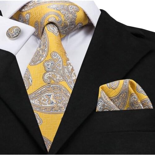 Hi-Tie Gold Paisley Silk Ties For Men Floral Yellow Mens Necktie Set Tie Pocket Square Cufflinks Set Cravats Luxury SN-1730