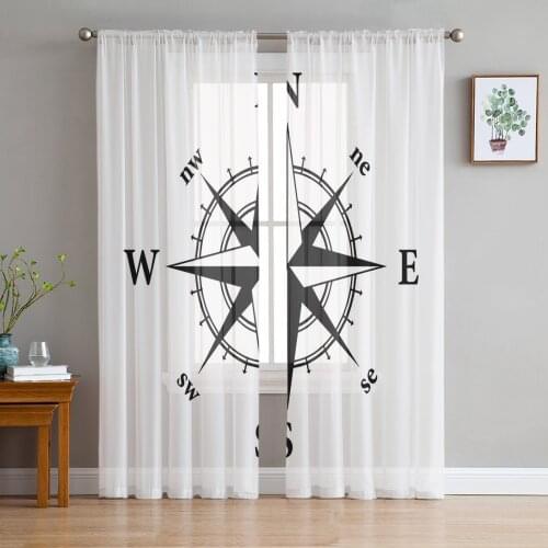 Compass White Background Sheer Curtains for Living Room Bedroom Kitchen Chiffon Tulle Curtains Home Hotel Coffee Decor