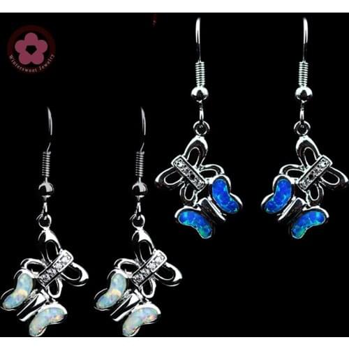 RH0032 Cute Butterfly White & Blue Opal Gem Earrings for Women Top Quality Fine Jewelry Charm Drop Earrings