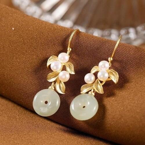 Natural Hetian white jade plant Earrings Chinese style retro court style charm creative light luxury noble lady silver jewelry
