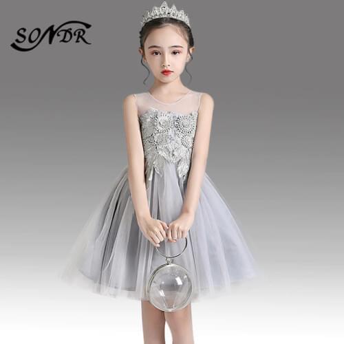 Gray Flower Girl Dresses HT180 Lace Embroidery Little Girls Princess Ball Gown O-Neck Above Knee Formal Communion Dress For Kids