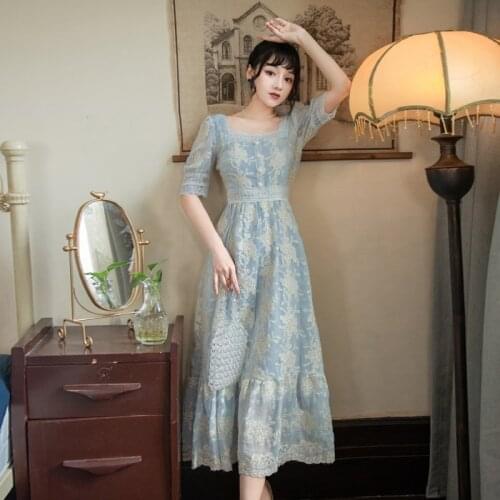 2021 Summer Embroidered Dress Square Collar Puff Sleeve Slim Mesh Lace Flower Embroidery Party Elegant Midi Vestido De Mujer