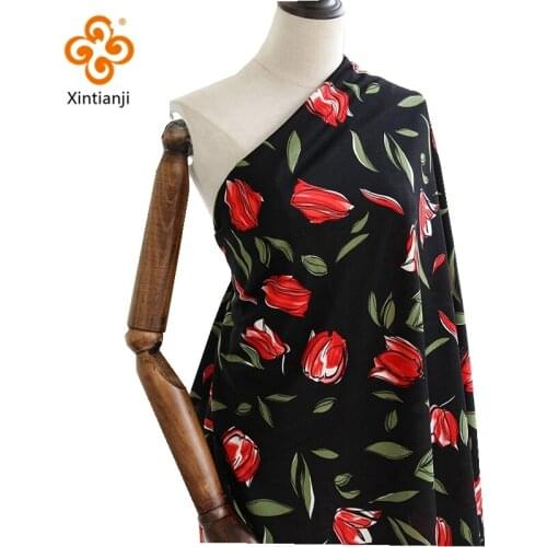 Xintianji Polyester Tulip Flowers Printed Knitted Stretch Red Fabric For DIY Dresses Or Clothing TJ0770