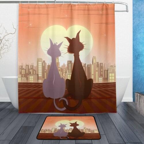 Romantic Love Cat Cityscape Waterproof Polyester Fabric Shower Curtain with Hooks Doormat Bath Floor Mat Bathroom Home Decor