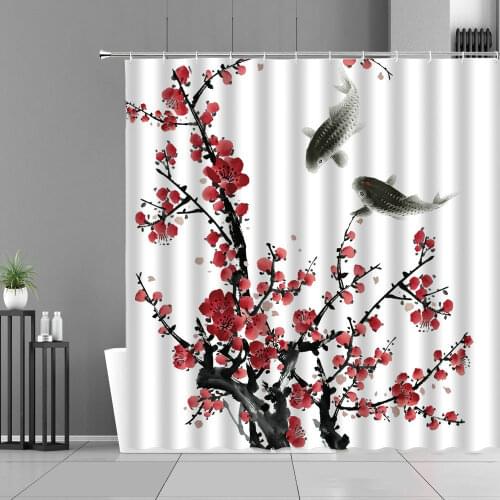 Chinese Style Shower Curtain Flower Plants Peacocks Bird Crane Fish Plum Blossom Pattern Bath Curtains Retro Home Bathroom Decor